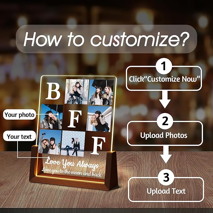 Custom Best Friend Christmas Birthday Gifts Picture Frame, Friendship Gifts For Women Friends Sister, Acrylic Plaque Photo Collage Frame With Night Light, Personalized BFF Besties Long Distance Gift