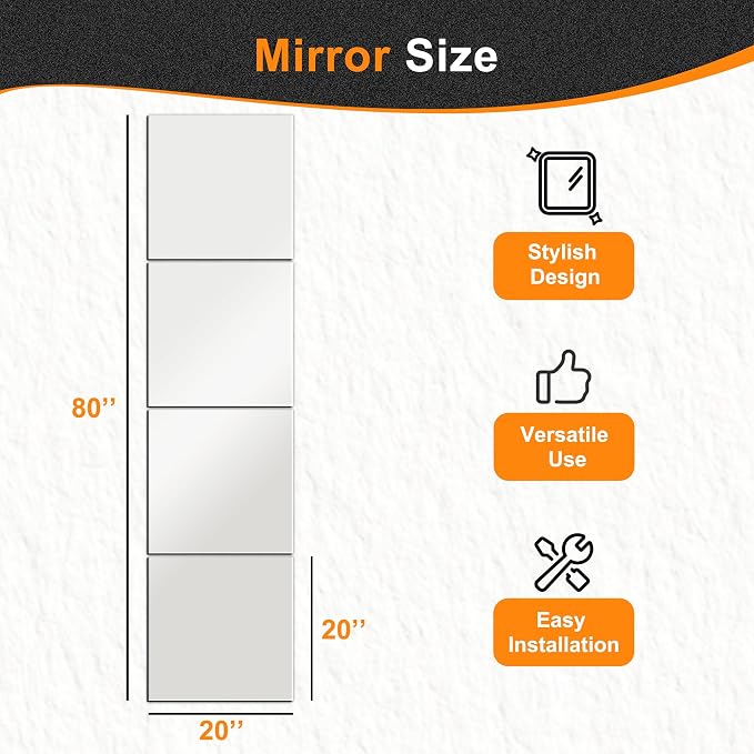Delma Frameless Mirror Tiles 20"x20"x4 Pcs Wall Mounted | Shatter Resistant, Full Length, Tempered Glass Panels, For Home Gym Bathroom Bedroom & Living Room Decor