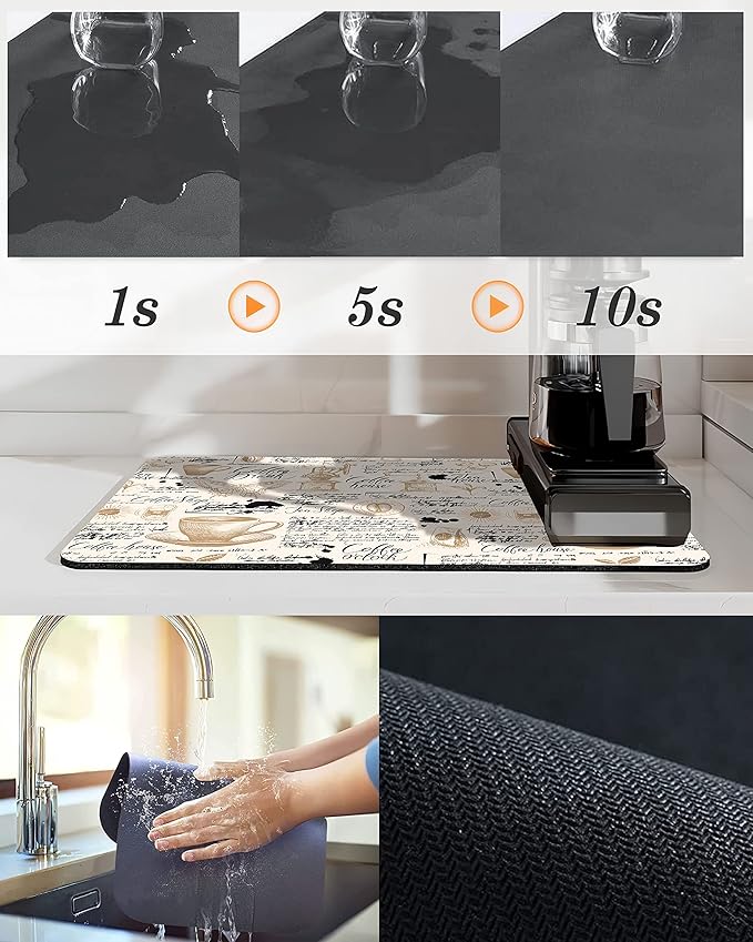 Coffee Bar mat Accessories for Countertop Absorbent Hide Stain Rubber Backed Dish Drying Mats for Kitchen Counter Draining Pad Decor Gift(20x12in)