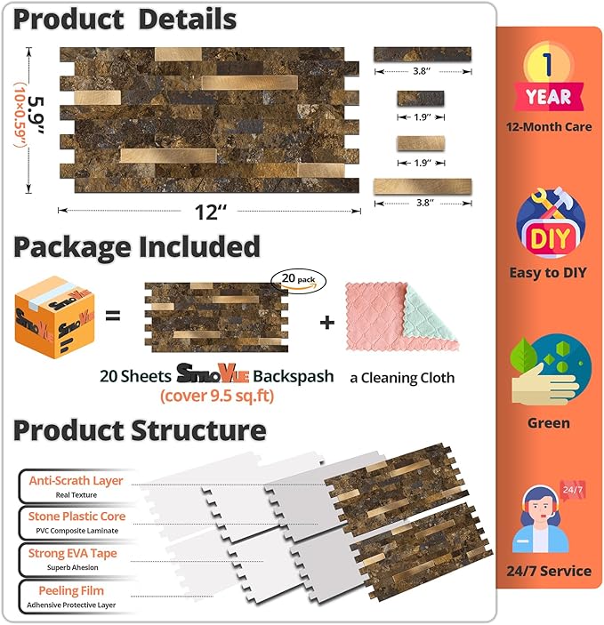 StyloVue 20 Sheets Peel and Stick Backsplash for Kitchen, Rust Slate with Metal Gold Look Stick on Tile Upgrade Your Kitchen Backsplash, RV, Fireplace
