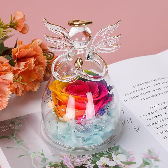 Mothers Day Mom Gifts for Mom,Fresh Flowers for Delivery,Birthday Gifts for Women Her,Preserved Flowers in Angel Figurines,Angel Gifts for Moms Mothers Day Grandma Wife Sister Valentines,Rainbow