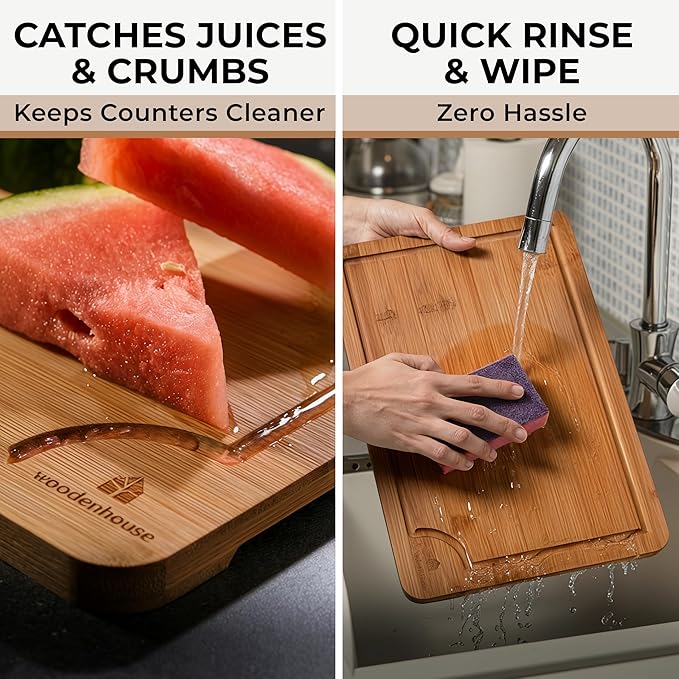Set of 3 Bamboo Cutting Boards for Kitchen - Thick & Durable Wood Cutting Boards Set with Deep Juice Grooves & Build-in Handles, Large Surface, Easy to Clean – for Meat, Vegetables and Fruits