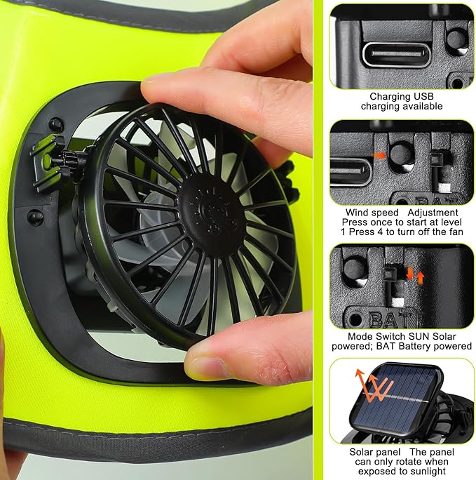 1 Set Sun Hard Hat Shade Full Brim Hard Hat Sun Visor with 2 Solar Fans and Neck Sunshade Cover UV Reflective Strap Arm Sleeves for Construction Workers Outdoor Protection(Fluorescent Yellow)