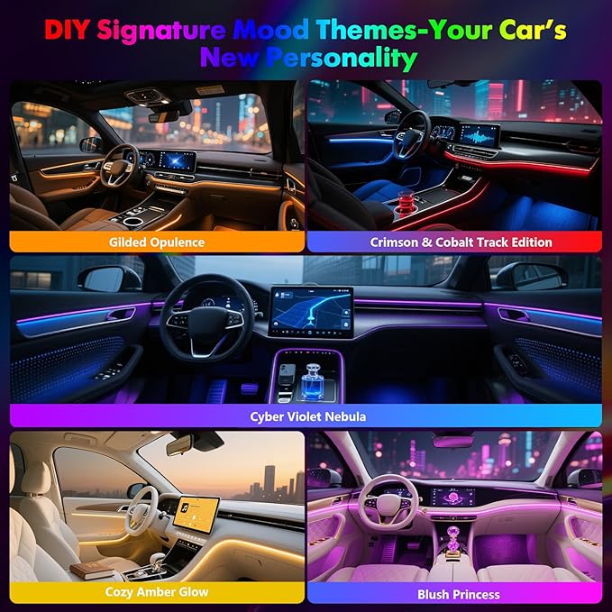 Dreamcolor Acrylic Car Interior Lights 10 in 1 RGB LED Strip Lights APP Control Zoned Control System 252 Color Modes DIY Fiber Optic Ambient Lighting Kits Music Car Neon Light Kits New Version