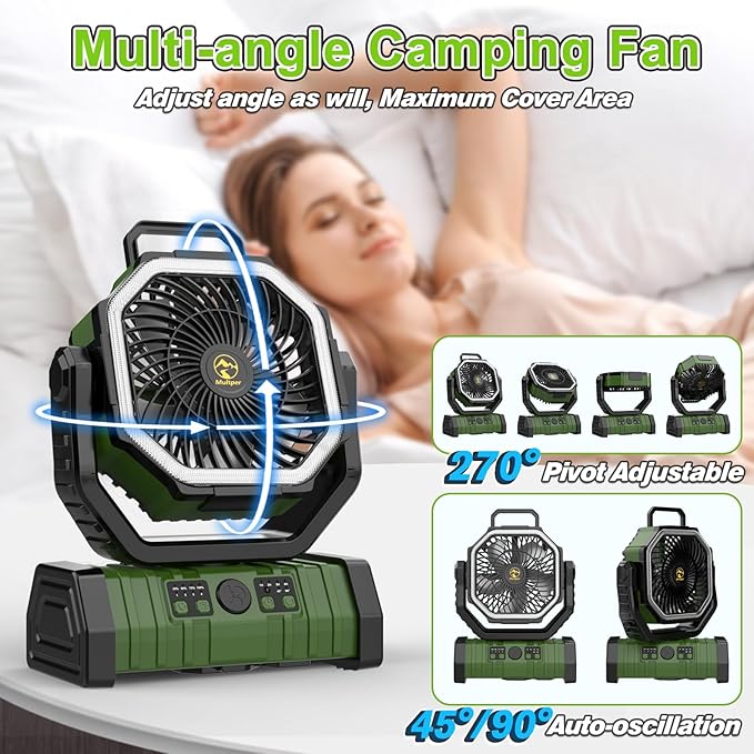20000mAh Rechargeable Camping Fan, Auto-Oscillating Portable Fan for Camping with Remote & LED Lantern, 4 Speeds Battery Powered Fan with Hanging Hook & Timer for Tent, Travel, Outdoor, Home, RV