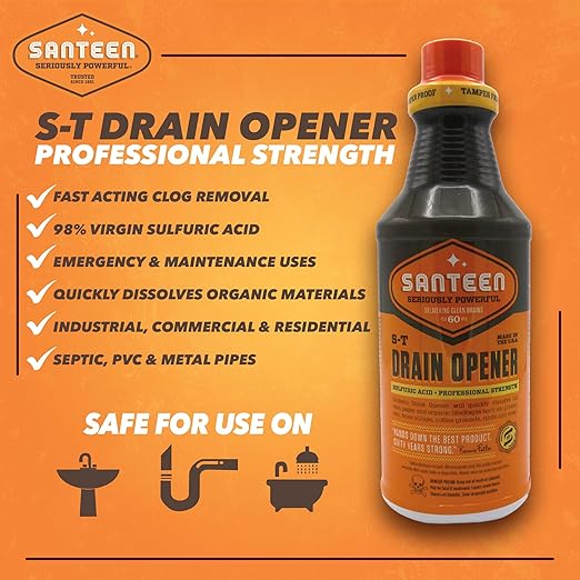 Santeen S‑T Drain Opener – Professional Strength Liquid Drain Cleaner for Sinks, Toilets & Showers – Dissolves Grease & Organic Buildup – PVC & Septic Safe – Case of 6 (32 oz) Bottles