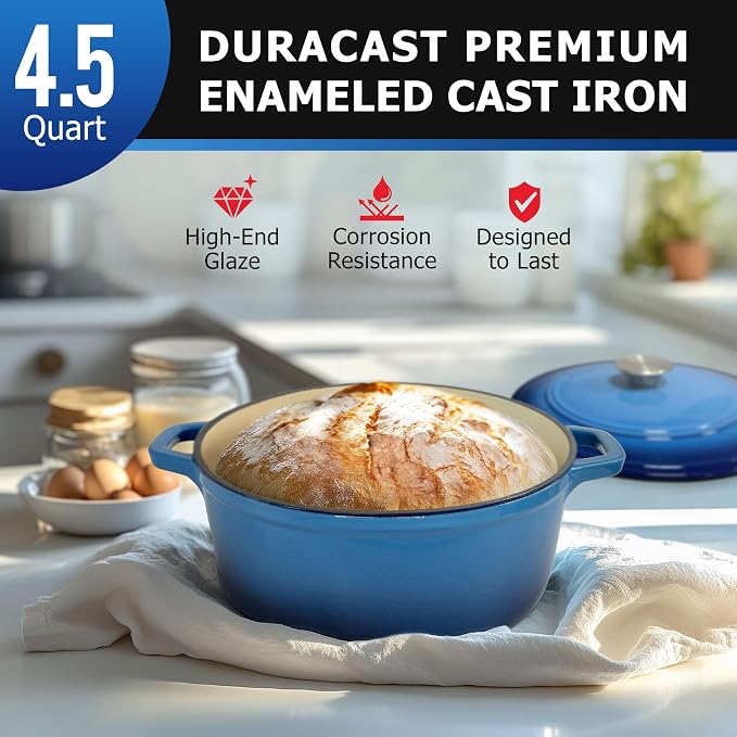 MUELLER HOME 4.5 QT Enameled Cast Iron Dutch Oven, Heavy-Duty Casserole Dish and Braiser Pan with Lid and Stainless Knob, Oven-Safe up to 500° F & Across All Cooktops, Aqua Blue | Heavy-Duty Casserole Dish and Braiser Pan, Lid with Stainless Knob, Oven...