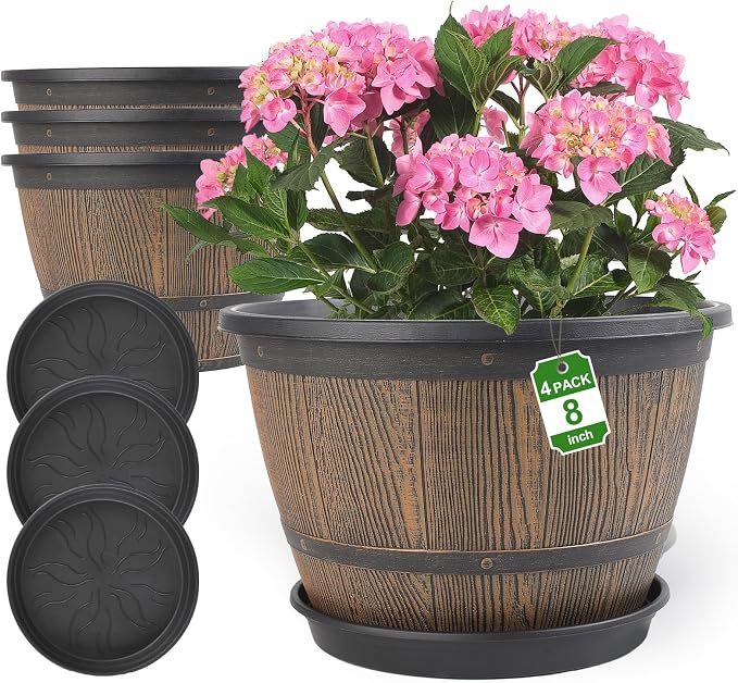 8-inch-Plant-Pots-Indoor-Outdoor, 4 Pack Whiskey Barrel Planters with Drainage Holes & Saucer, Plastic Flower Pots Imitation Wine Barrel Design, Decorative Garden Pots for Plants