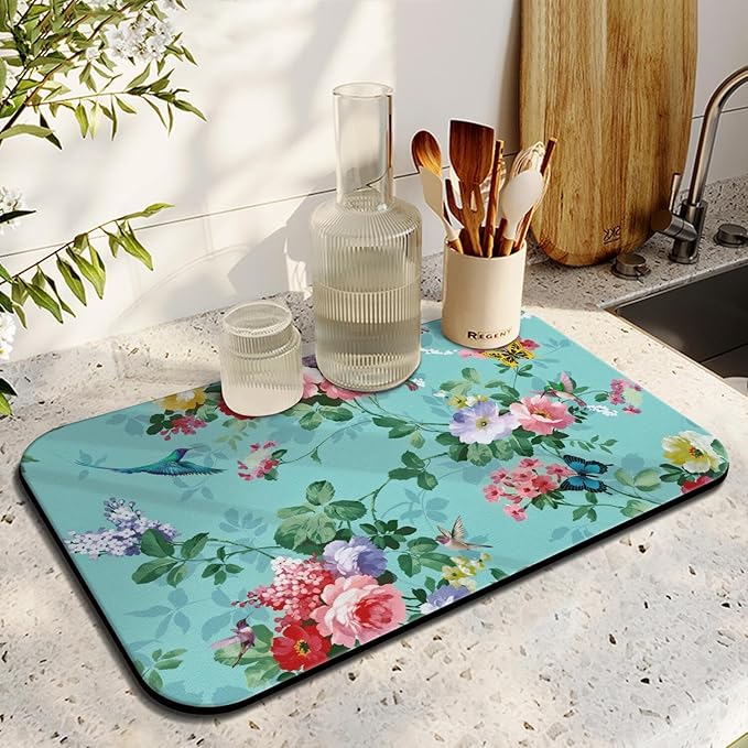 Floral Kitchen Counter Mat with Non-Slip Backing, 12 x 19.5 inches, Turquoise Botanical Design, Fast Drying