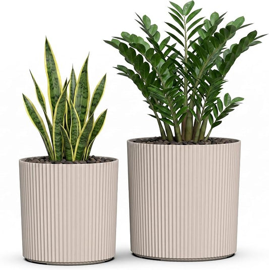 Mayne Haven Set of 2 (12in and 14in) Fluted Planter, Round Planters for Outdoor Plants, Lightweight Concrete Look Plant Pots for Porch, Patio, Garden and Entryway Décor, Chai