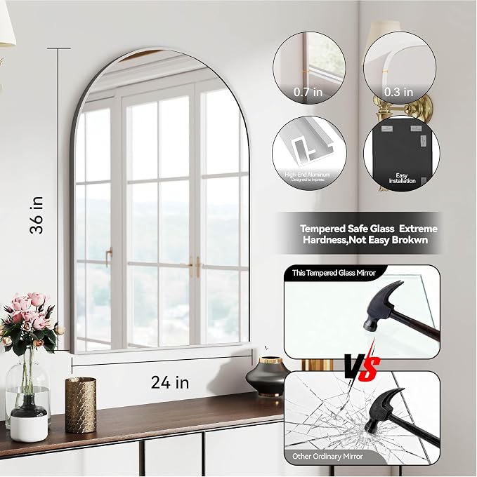 SCWF-GZ 24x36 Arch Mirror Square Full Length Wall Mounted Hanging or Against Wall Metal Aluminum Alloy Frame Dressing Make-up Mirrors for Entryway Bedroom Bathroom Living Room 24 36 inch Silver