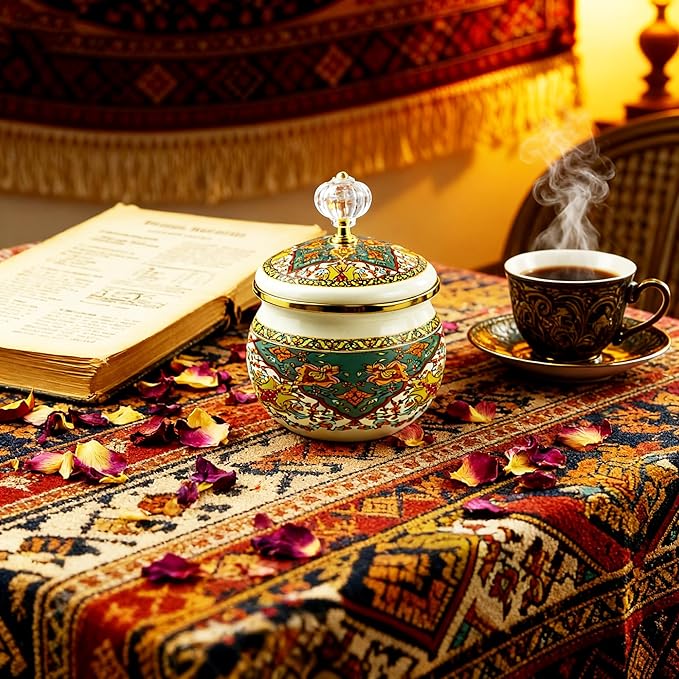 Floral Enamel Sugar Bowl Gold Ethnic Seasoning Jar Vintage Tea Canister Spice Box Retro Coffee Candy Storage Pot Bohemian Salt Container Jar for Home Kitchen Decor