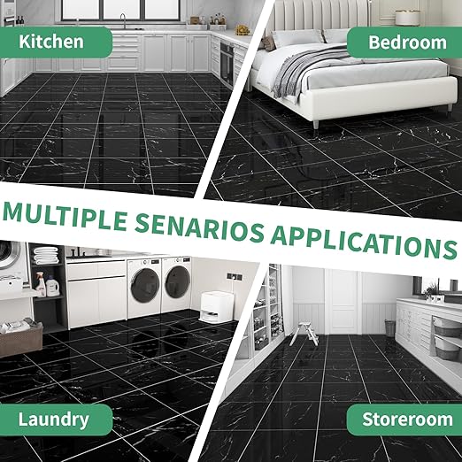 40-Pack Peel and Stick Floor Tiles Vinyl Floor 12 x 12 inch Self Adhesive Waterproof Flooring Planks DIY for Bathroom, Kitchen, Living Room, RV, Cover 40 Sq. Ft, Polish Black Marble