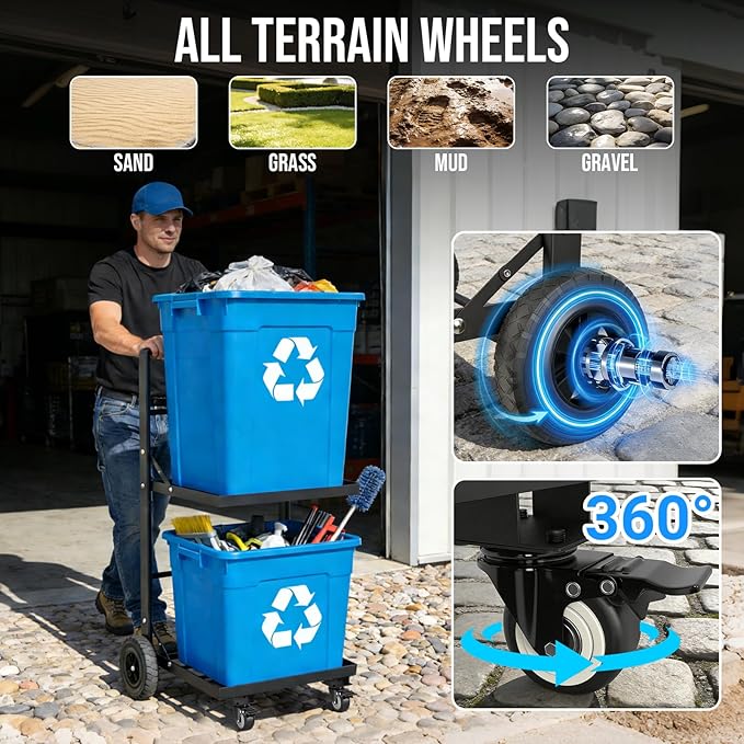 2-Tier Foldable Recycle Bin Cart, Heavy Duty Trash Can Dolly with All-Terrain Wheels & Lockable Casters, 140LBS Capacity Garbage Bin Trolley for Kitchen, Garage, Office, Courtyard