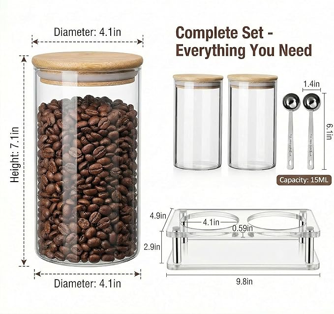 YAGELI Glass Coffee Canister Set with Acrylic Shelf, 2-Pack 44oz Airtight Food Storage Containers, Bamboo Lid & Scoop for Ground Coffee Sugar Tea Nuts Kitchen Pantry