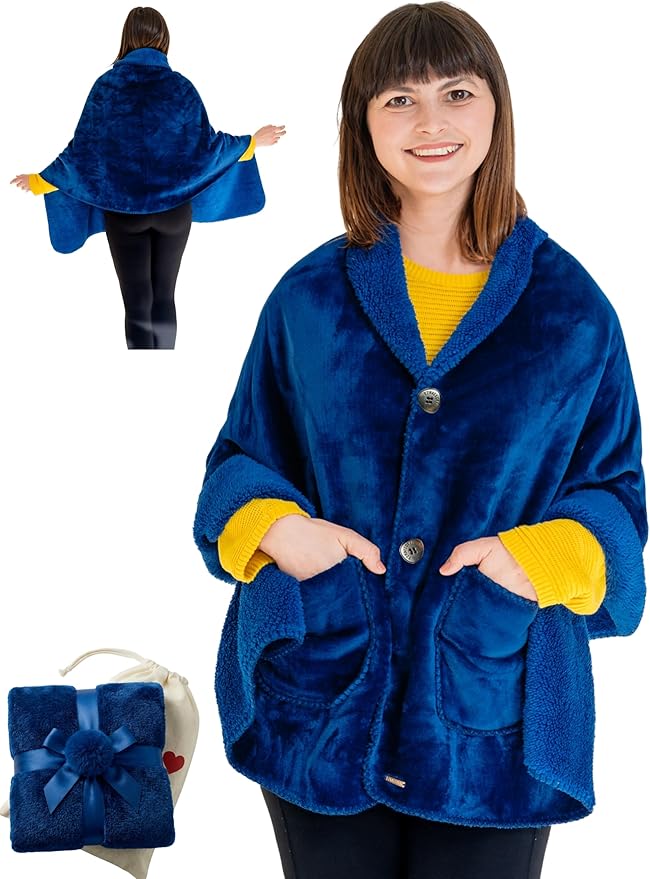 EzrAllora Premium Double Layer Poncho Blanket for Women -Drape and Go No Sleeves- Sherpa Fleece Shawl with Pockets - Wearable Blanket - Gifts for Mom and Grandma (Blue)