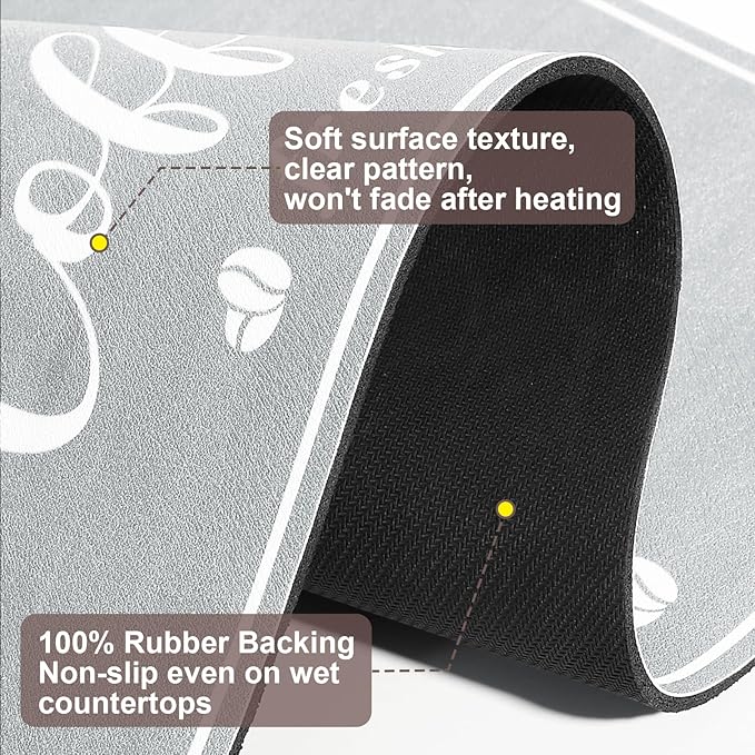 CooRug Absorbent Coffee Mat, Fashion Dish Drying Mat for Kitchen Counter Coffee Bar Accessories Espresso Machine Dish Rack 12" x 20" Light Grey