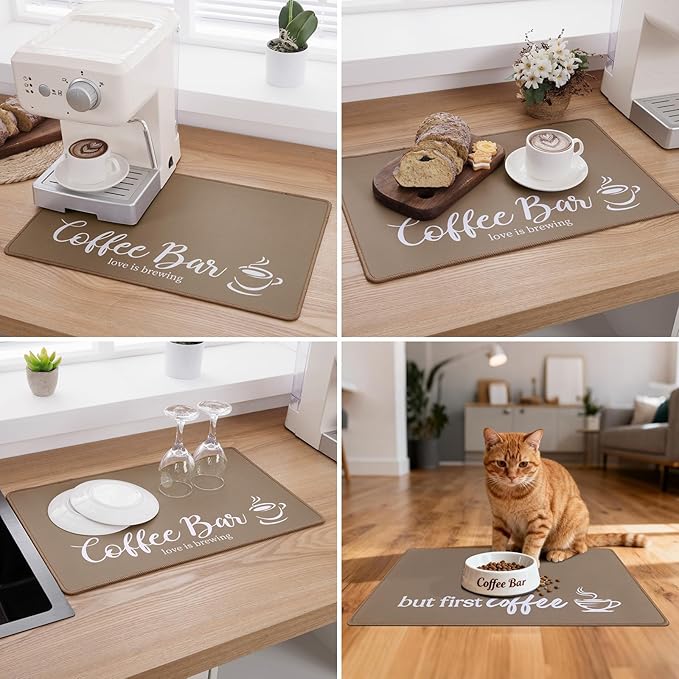 SHACOS Coffee Mat 2 Pack 12x19 Inch Absorbent Non Slip Rubber Bar Accessories Coffee Maker Mat for Countertop Dish Drying Mat Heat Resistant, Brown