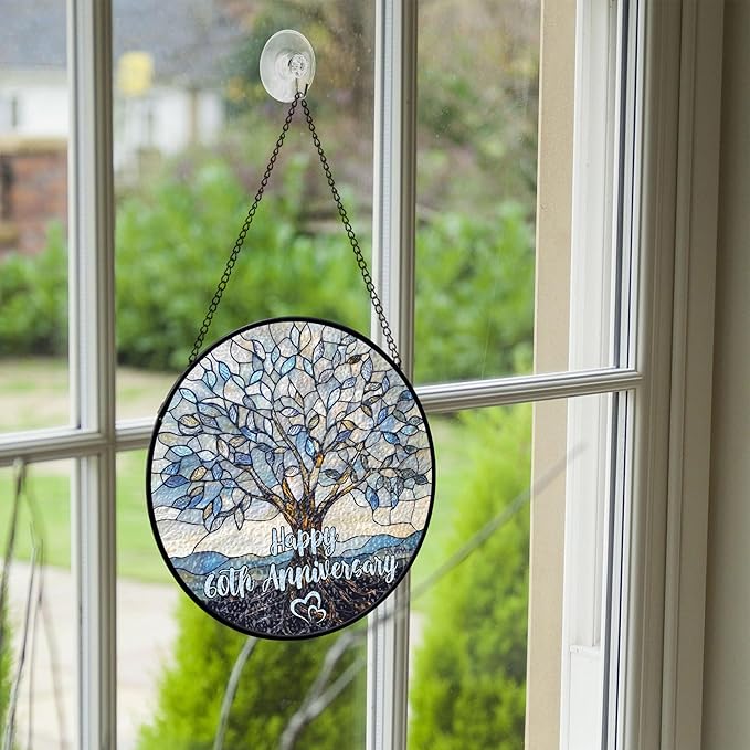 60th Wedding Anniversary Faux Stained Glass Suncatcher, 60 Years of Marriage Keepsake Ornament, Diamond Wedding