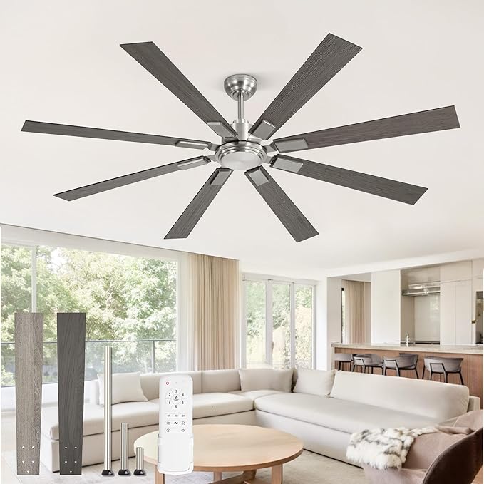 72 Inch Brushed Nickel Modern Ceiling Fan No Light with Remote, Outdoor Ceiling Fans Without Light with Quiet Reversible DC Motor, 6 Speeds, 8 Blades Large Ceiling Fan for Patios, Living Room, Garage