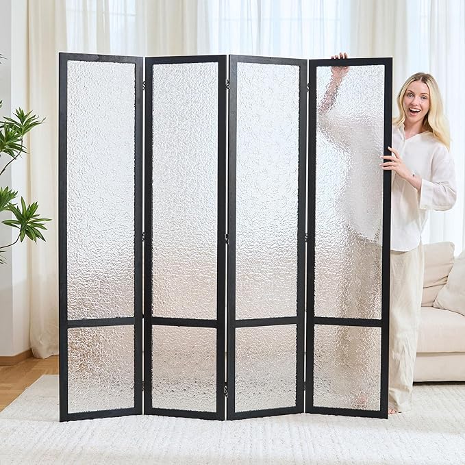 Acrylic Room Divider,4-Panel Freestanding Partition Screen, Frosted Translucent Privacy Panel - Lightweight Modern Divider for Home Office Studio (Black, 4 Panels)