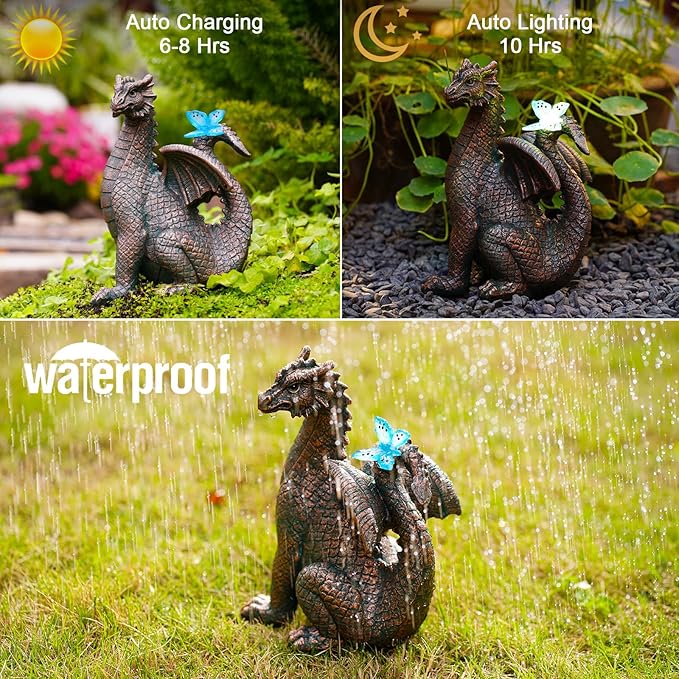 Nacome Solar Dragon Outdoor Statues for Garden: Outside Decor with Butterfly Clearance for Yard Art Lawn Ornaments Porch Patio Balcony Home House for Mom Grandma Women