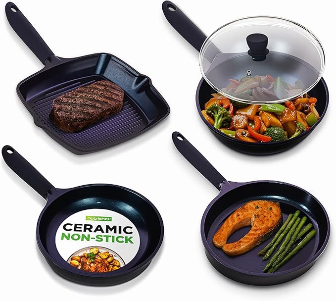 NutriChef Non Stick Frying Pans Set, 5-Piece Blue Diamond Ceramic Cookware with Lid, Nonstick Frying Pan for Gas, Electric, Ceramic & Induction Cooktops, PTFE/PFOA Free, Bakelite Soft-Touch Handles