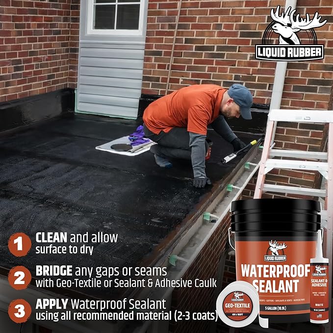 Liquid Rubber Waterproof Sealant – DIY Leak Repair Coating for Flat, Metal & Low Slope Roofs, Foundations, Gutters & More – Flexible Protective Membrane - Black - 2.5 Gallon