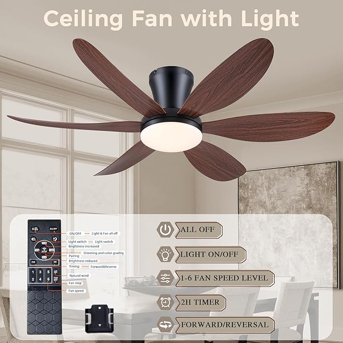 GJeg Ceiling Fans with Lights,42" Flush Mount Ceiling Fan with Light and Remote Control,Low Profile, Reversible, Dimmable, Noiseless, Brown Ceiling Fan for Bedroom