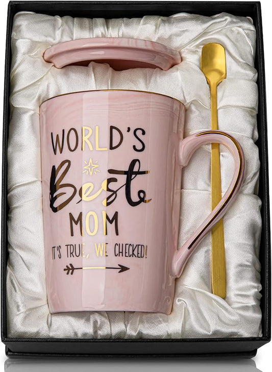 Mothers Day Birthday Gifts for Mom from Daughter Son - 14Oz Funny Best Mom Mug with Gold Print, Unique Pink Marble Coffee Cup with Lid Spoon Greeting Card, Happy Moms Gifts Idea, Luxury Gift Boxed Set