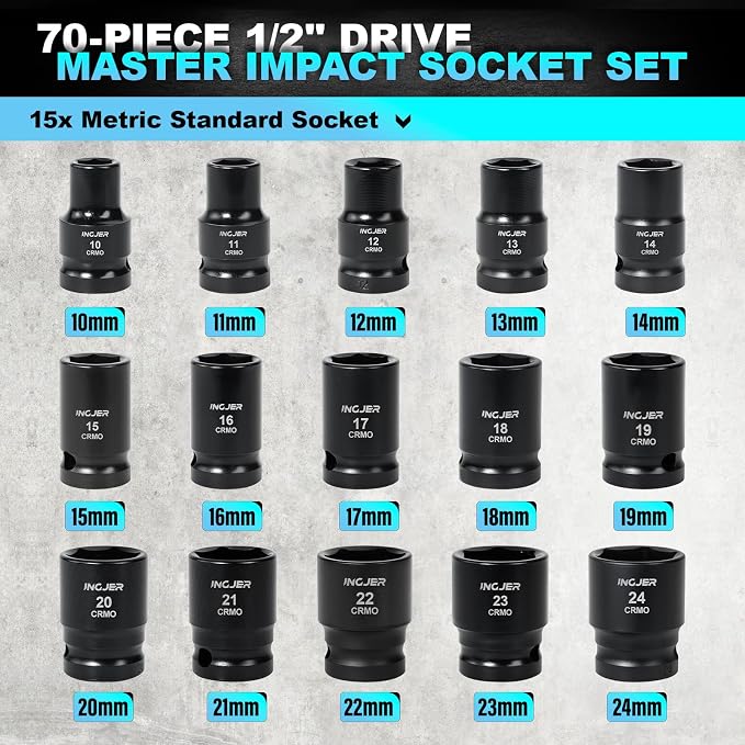 1/2" Drive Impact Socket Set, 70 Piece SAE 3/8" to 1-1/4" and Metric 10-24mm, 6 Point Cr-MO Alloy Steel for Auto Repair, Easy-to-Read Size Markings, Rugged Construction, Storage Case