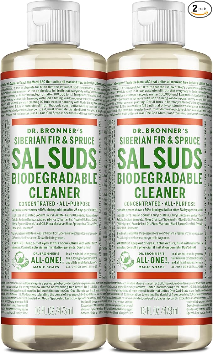 Dr. Bronner's - Sal Suds Biodegradable Cleaner (16 Ounce, 2-Pack) - All-Purpose, Pine Cleaner for Floors, Laundry and Dishes, Concentrated, Cuts Grease and Dirt, Powerful Formula
