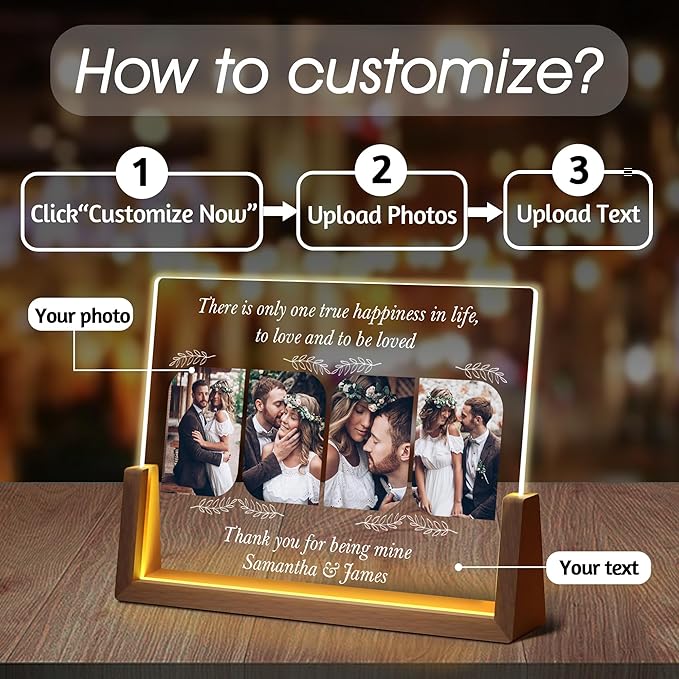 Personalized Valentines Couples Gifts For Him Her Husband Wife, Customized Acrylic Light Up Picture Frame With Photo Name, Custom Anniversary Birthday Gifts For Boyfriend Girlfriend Women Men