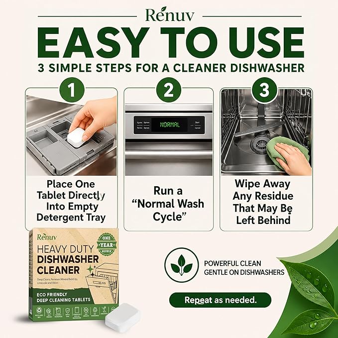 Renuv® Heavy Duty Dishwasher Cleaner & Deodorizer Tablets, Descaler, Deep Cleaning, Natural Odor & Smell Remover, Calcium, Limescale, Hard Water Marks, Grease, Septic Safe Pods (12 Tabs 1 Yr Supply)