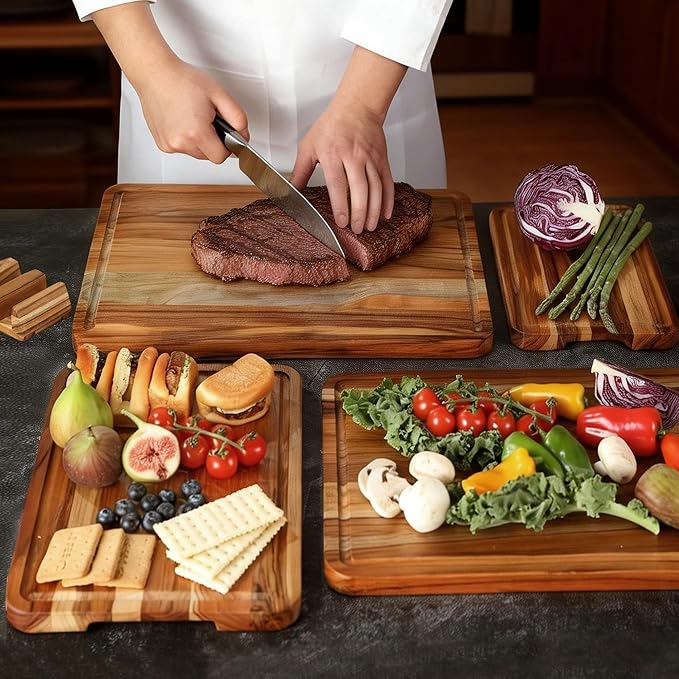 4 Pack Teak Cutting Board Set for Kitchen Wood Cutting Board Heavy Duty Non Toxic Non Slip Solid Thick Wooden Chopping Board