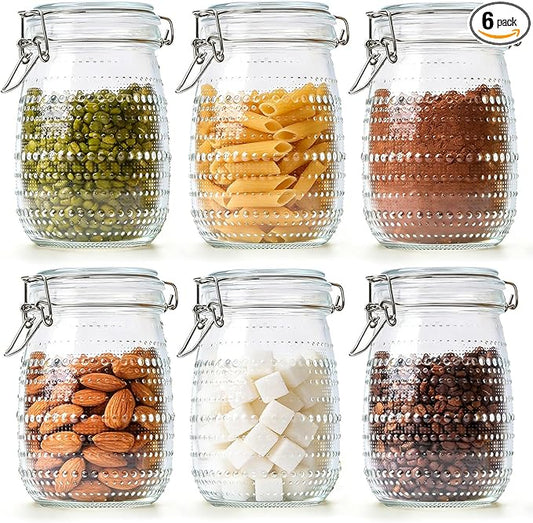 ComSaf 34oz / 6 Pack Glass Food Storage Jars with Airtight Lids, Vintage Hobnail Pattern Wide Mouth Canister Set for Pantry Organization, 1000ml Clear Containers for Coffee, Beans, and Snacks