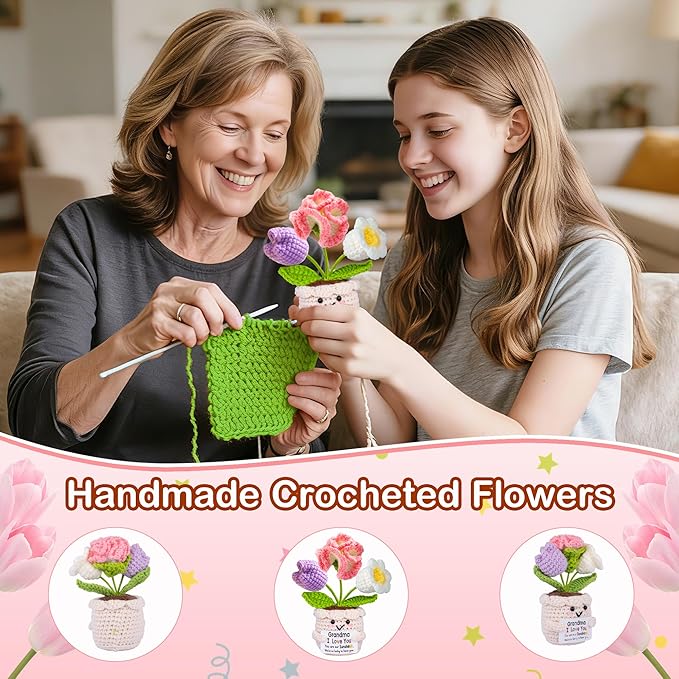 Mothers Day Birthday Gifts for Grandma, Grandma Gifts from Grandkids, Mother's Day Birthday Gift for Nana Grandmother GaGa, Cute Handmade Crochet Tulip 3 Flowers Pot Doll I Love You Present for Gigi