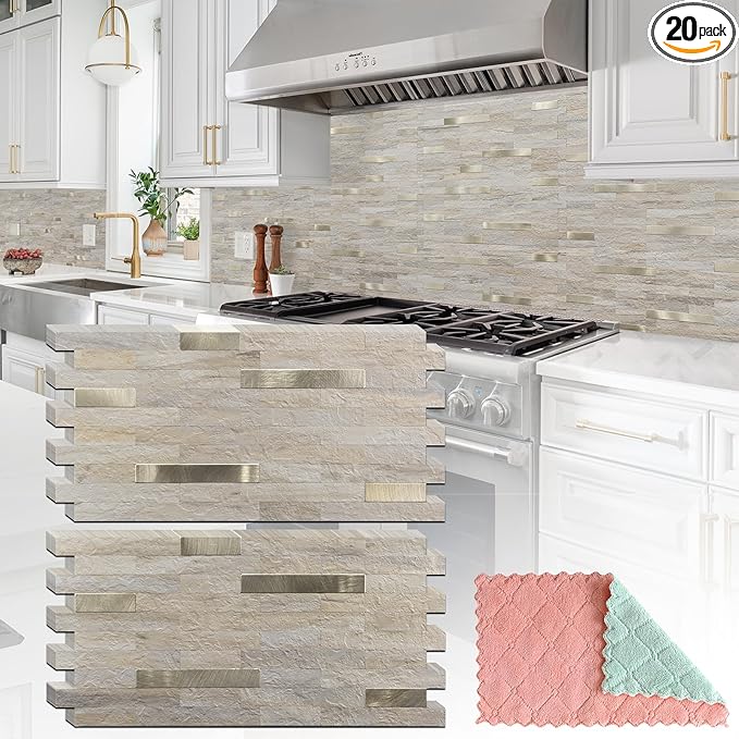 StyloVue 20 Sheets Kitchen Peel and Stick Backsplash Tiles, Beige with Metal Gold Look Stick on Backsplash for Kitchen, RV, Fireplace