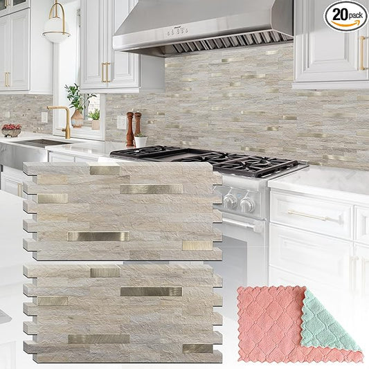 StyloVue 20 Sheets Kitchen Peel and Stick Backsplash Tiles, Beige with Metal Gold Look Stick on Backsplash for Kitchen, RV, Fireplace