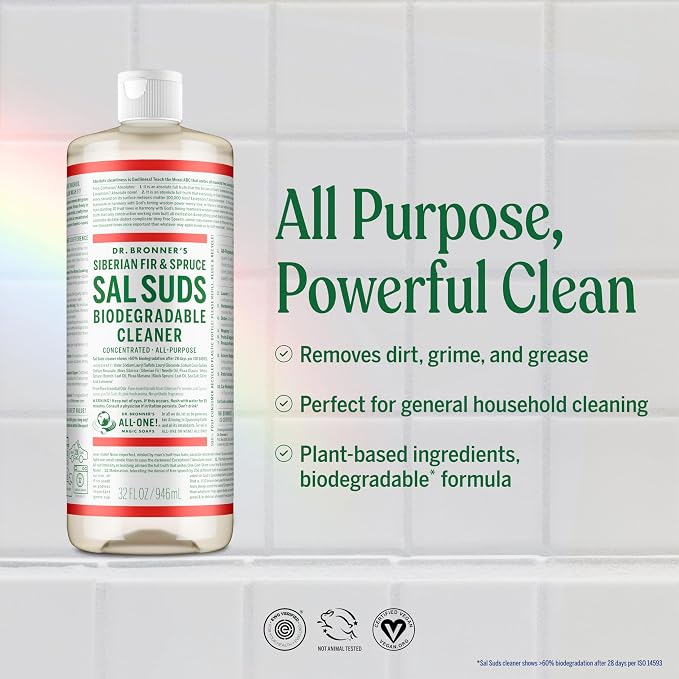 Dr. Bronner's - Sal Suds Biodegradable Cleaner (16 Ounce, 2-Pack) - All-Purpose, Pine Cleaner for Floors, Laundry and Dishes, Concentrated, Cuts Grease and Dirt, Powerful Formula