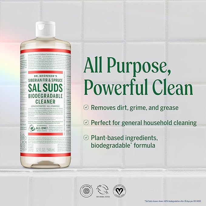 Dr. Bronner's - Sal Suds Biodegradable Cleaner (32 oz) - All-Purpose, Pine Cleaner for Floors, Laundry and Dishes, Concentrated, Cuts Grease and Dirt, Powerful Formula