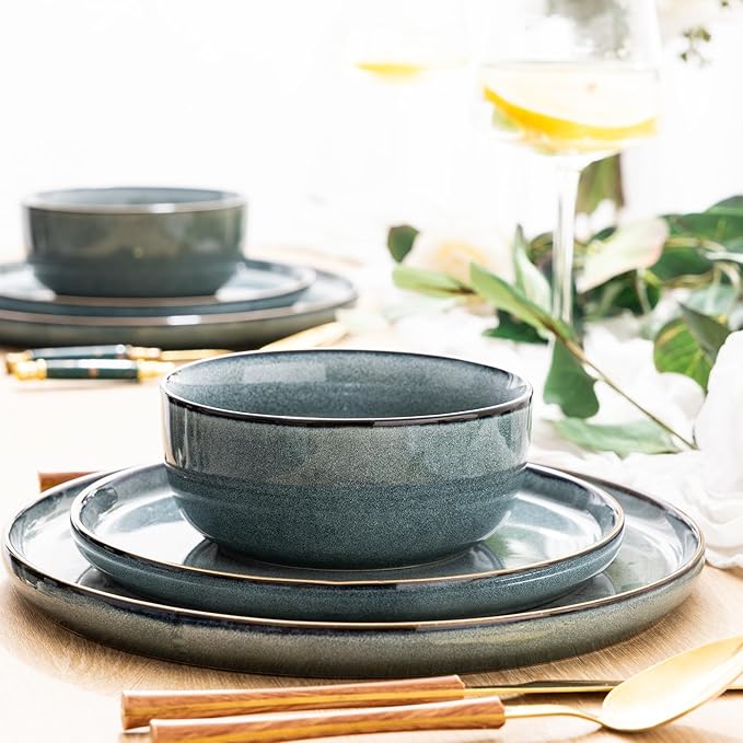 GBHOME Ceramic Dinnerware Sets for 6, 18 Pieces Stoneware Plates and Bowls Sets, Scratch Resistant Dishes, Dishwasher & Microwave Safe, Space Blue