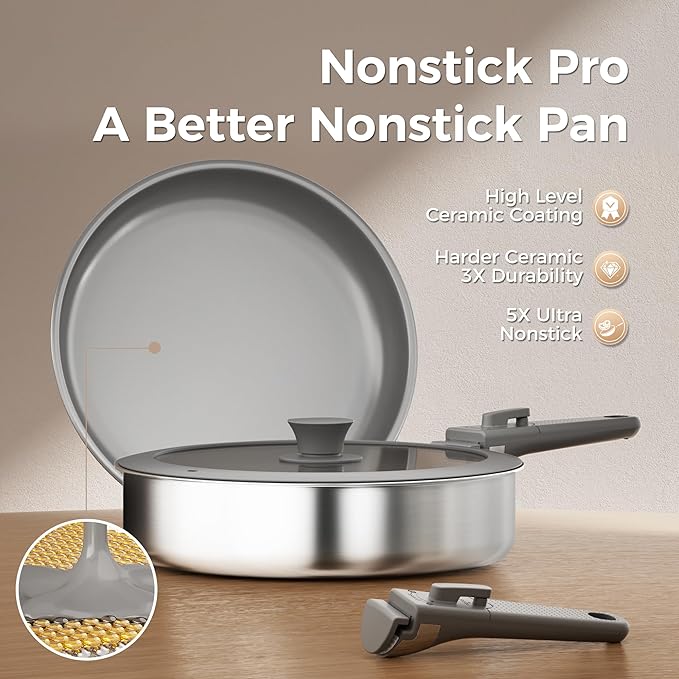 Sanho 21-Piece Pots and Pans Set, Healthy Ceramic Nonstick Cookware with Detachable Handles, Non-Toxic 4-Layer Stainless Steel & Aluminum Core, Induction RV Kitchen Set, Dishwasher & Oven Safe, Gray
