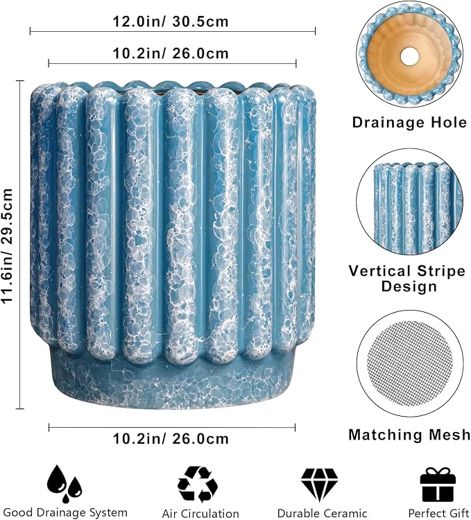 Ceramicfor Ceramic Planter, 12 Inch, Blue | Drainage Hole, Round Large Flower Pot, Fluted Decorative Design, Indoor Outdoor Use