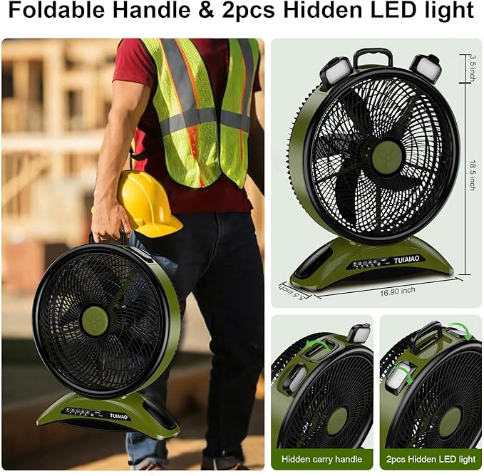 45000mAh Battery Operated Fan with Light, High Velocity Rechargeable Camping Fan, 12-Inch Portable Battery Powered Fan for Tent RV Hurricane, Quiet Use While Charging with Remote Timer, Green