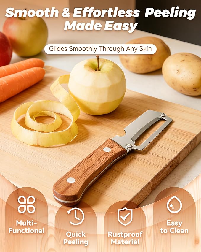 Wooden Kitchen Tool, Multifunctional Vegetable Peeler 2-in-1 with Bottle Opener, Ultra-Sharp Curved Blade, Multi Functional Vegetable Peeler Non-slip Handle for Vegetables or Fruits (2)