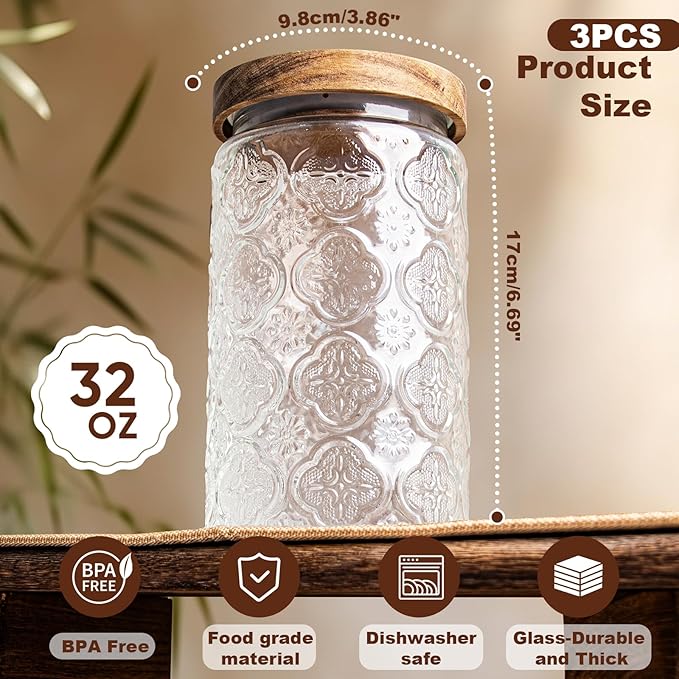32Oz/3Pcs Glass Jar with Lid, Candy jar, Cute jar, Vintage Glass Storage Jar for Sugar, Coffee, Tea, Spice, Flour, Candy Cookie, Pasta, Cereal