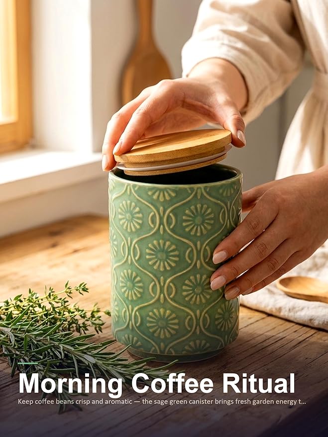 TEATALK Ceramic Canister with Airtight Lid, Perfect for Coffee, Sugar, Tea Storage, 23 Fl Oz, Green