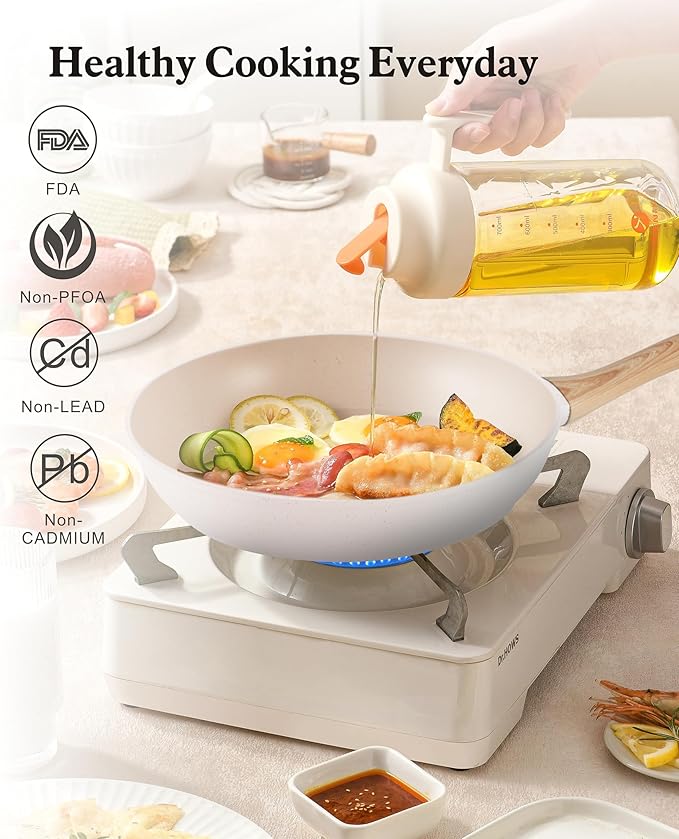 12-Piece Beige Granite Cookware Set, Nonstick Ceramic Pots and Pans Set with Frying Pans & Saucepans, Non-Toxic PFOS/PFOA Free, Induction Compatible with Wood Grain Soft-Touch Handles