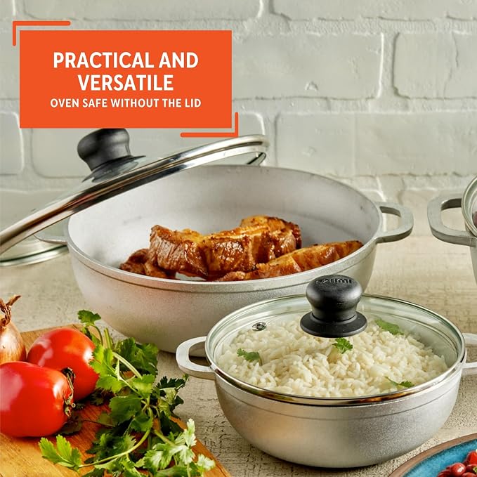 IMUSA 1.5, 2.5 & 5.2 Qt Cast Aluminum Caldero 3 Piece Set with Glass Lid | Polished Finish, Glass Lid with Riveted Handles, Ideal for Rice and Stews, Perfect for Serving Medium and Small Groups